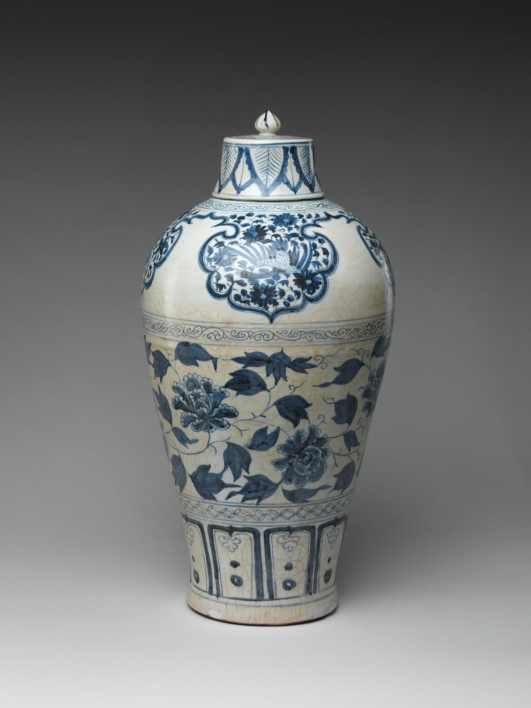 Yuan dynasty bottle with peony scroll, blue and white porcelain