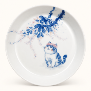 Blue-and-white cat under flowering branch plate, Jingdezhen