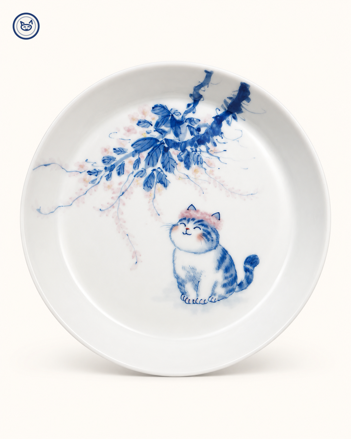 Blue-and-white cat under flowering branch plate, Jingdezhen