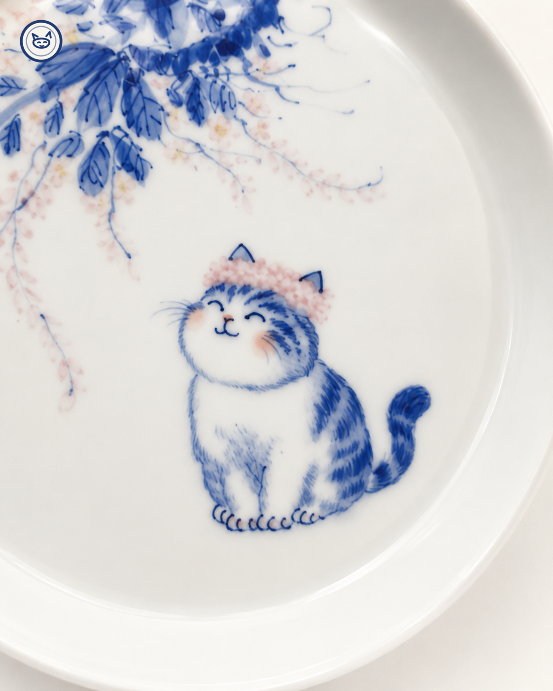 Blue-and-white cat under flowering branch plate, Jingdezhen