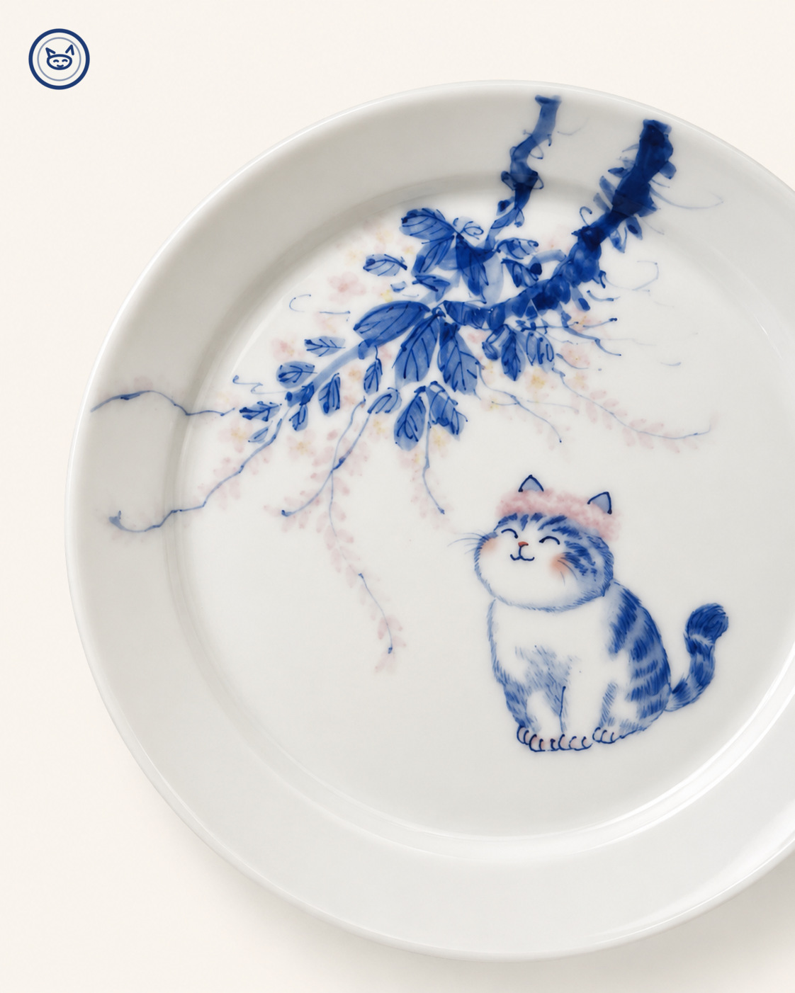 Blue-and-white cat under flowering branch plate, Jingdezhen