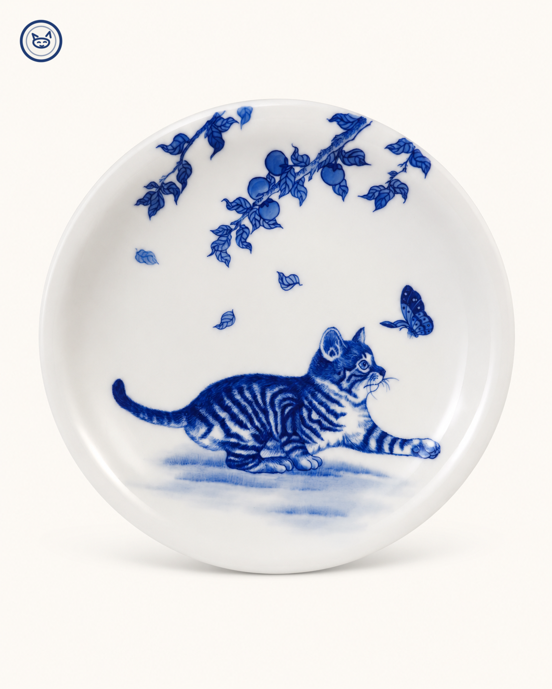 Blue-and-white cat and butterfly plate, longevity motif, Jingdezhen