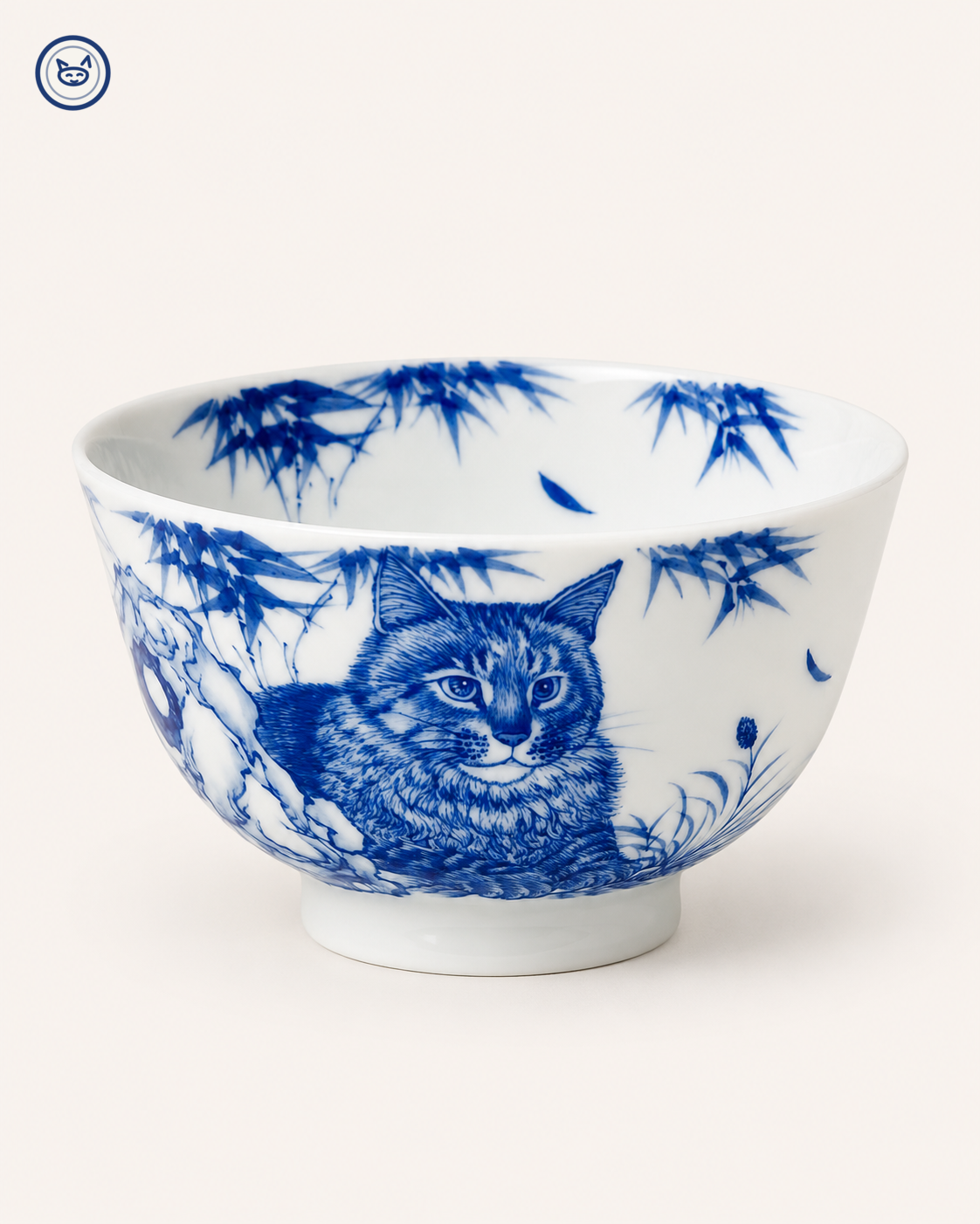 Blue-and-white cat and bamboo chicken-heart cup, Jingdezhen