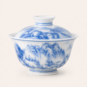 Eggshell blue-and-white gaiwan with hand-painted landscape, Jingdezhen