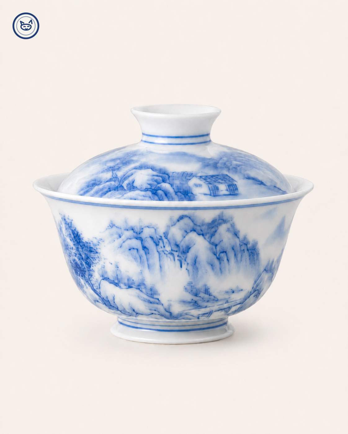 Eggshell blue-and-white gaiwan with hand-painted landscape, Jingdezhen