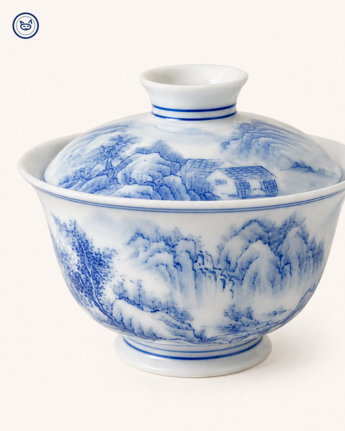 Eggshell blue-and-white gaiwan with hand-painted landscape, Jingdezhen