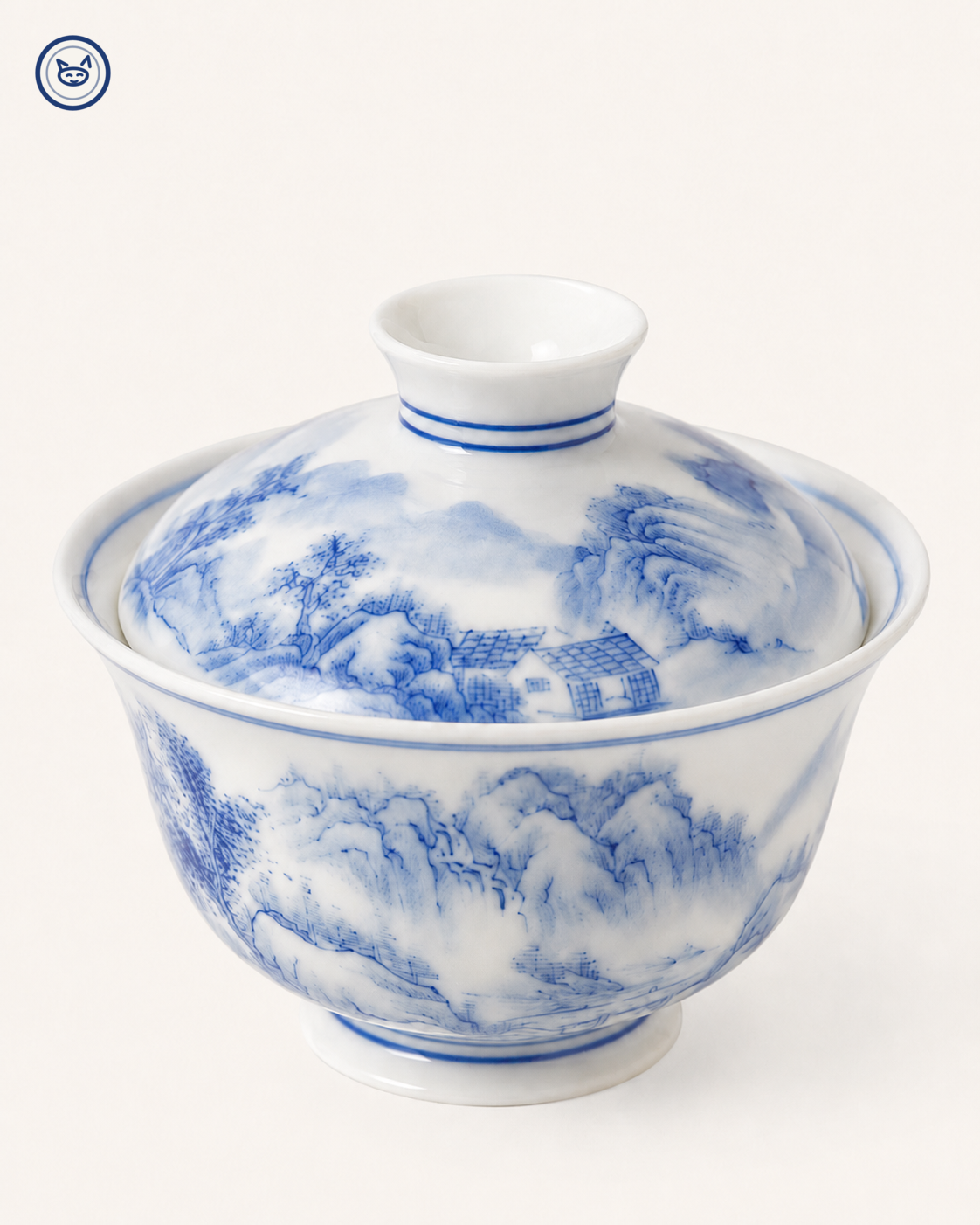 Eggshell blue-and-white gaiwan with hand-painted landscape, Jingdezhen