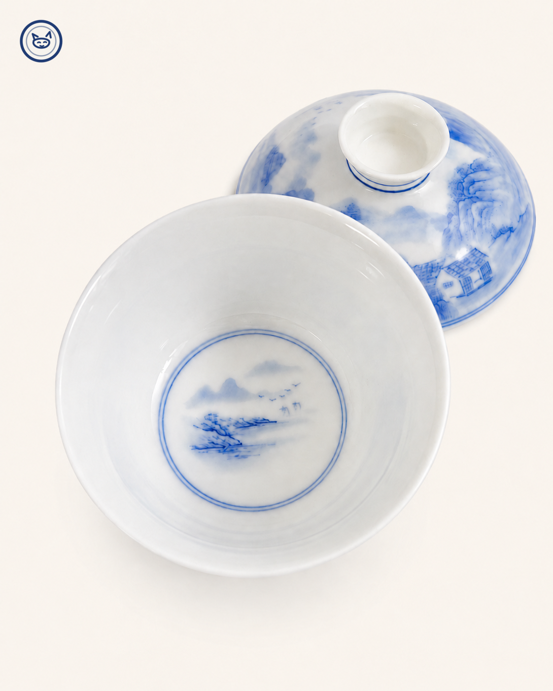Eggshell blue-and-white gaiwan with hand-painted landscape, Jingdezhen
