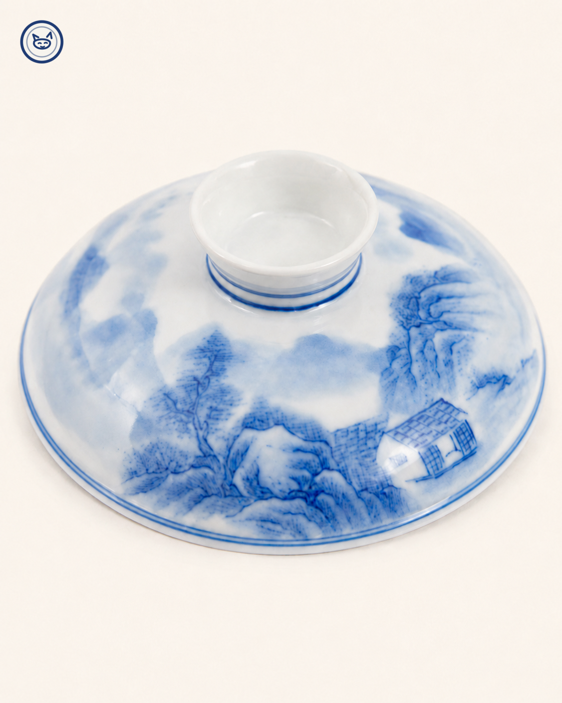 Eggshell blue-and-white gaiwan with hand-painted landscape, Jingdezhen