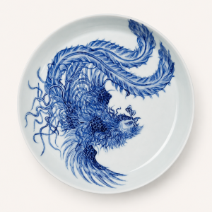 Blue-and-white phoenix plate with sweeping tail, Jingdezhen