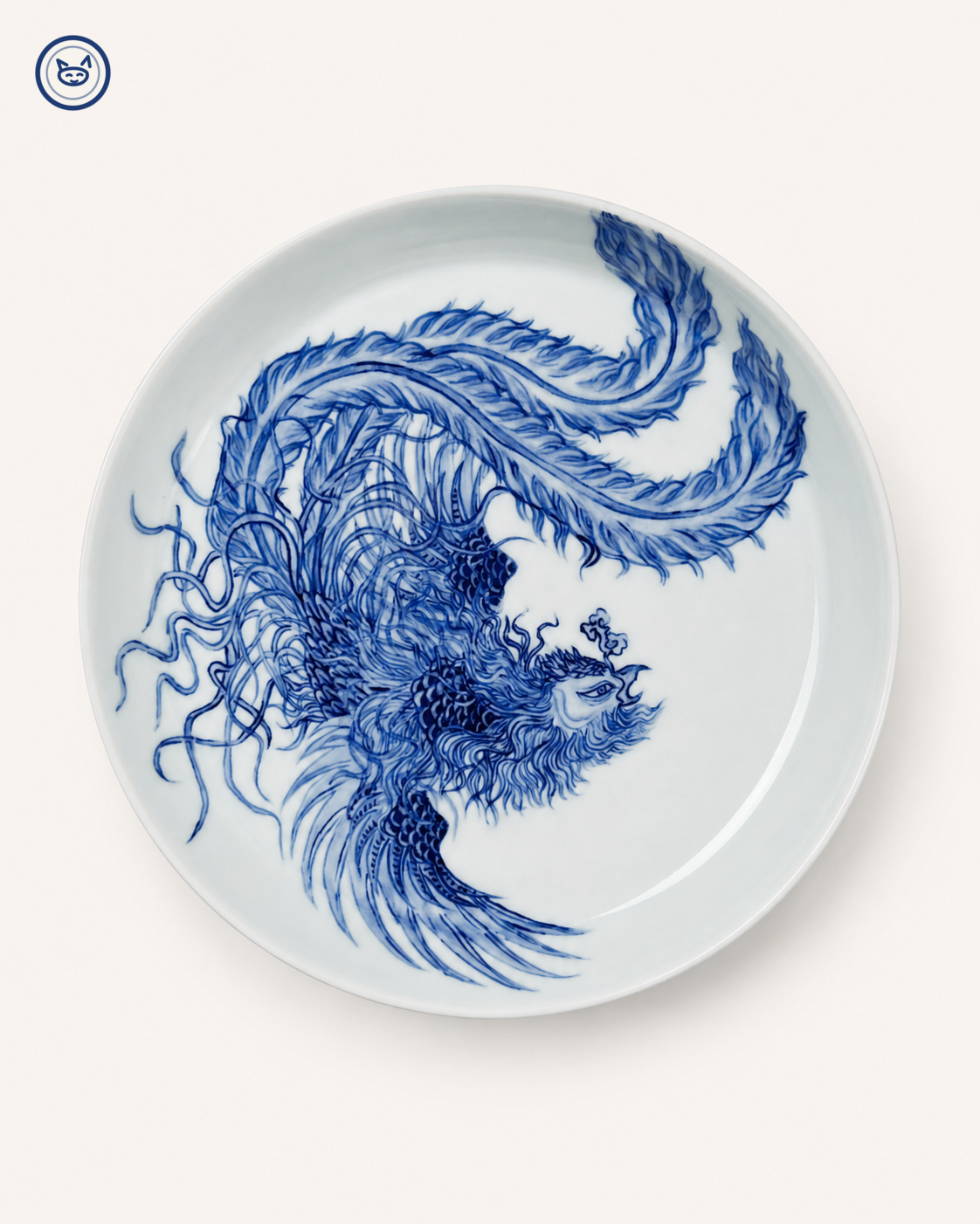 Blue-and-white phoenix plate with sweeping tail, Jingdezhen