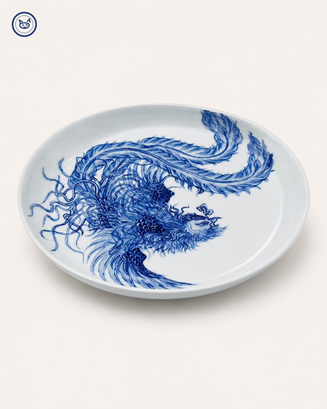Blue-and-white phoenix plate with sweeping tail, Jingdezhen